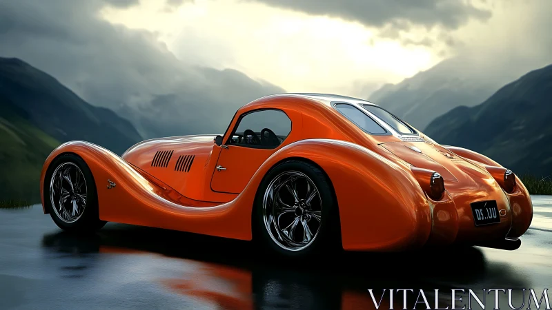Orange retro-style coupe on wet mountain road at dusk.