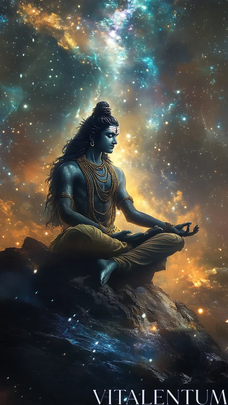 Cosmic blue ascetic meditating on astral-lit basalt ridge.