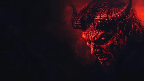 Demonic horned figure in red light on dark background.