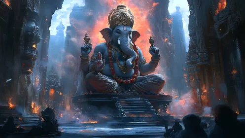 Colossal Ganesha idol amid burning temple ruins at dusk.