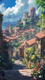Sunlit hillside city with terraced homes and grand dome.