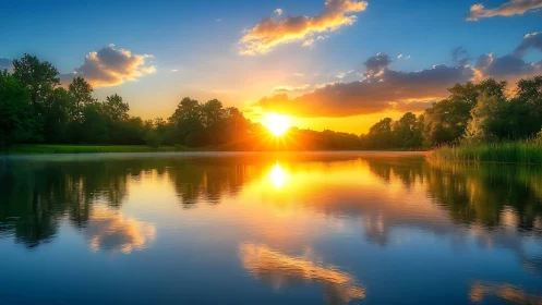Sunset over calm forest lake with vivid sky reflection.