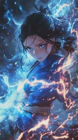 Elemental warrior channels blue lightning in dynamic anime portrait