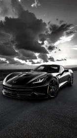 Black performance coupe on empty highway under storm clouds