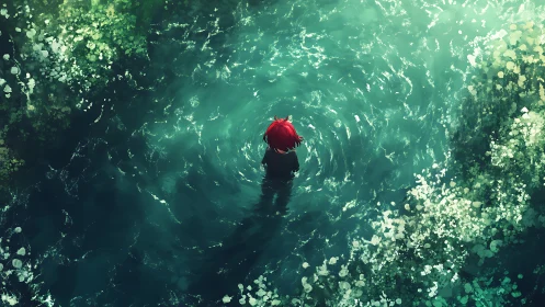 Overhead anime pond scene with central solitary figure composition.
