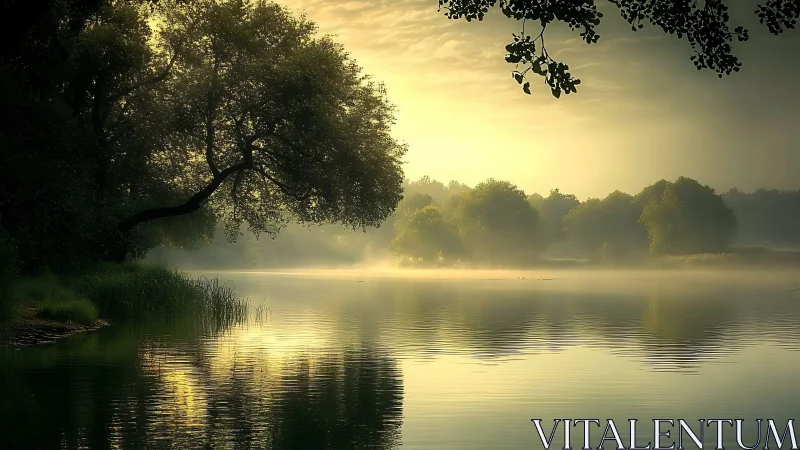 Golden mist over a quiet lakeside grove at sunrise.