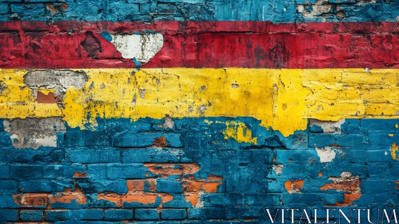 Colorful weathered brick wall with red, yellow, and blue paint layers.