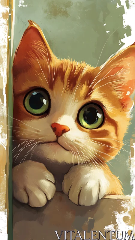 Orange Tabby Cat with Green Eyes Peeking Around Corner