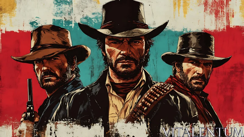 Three tough cowboys in bold Western digital artwork.