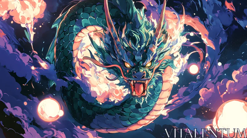 Coiled serpentine dragon rendered in luminous digital style