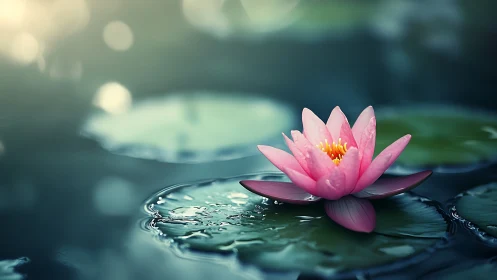 Pink lotus bloom on tranquil water with dreamy bokeh glow.