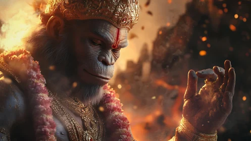Firelit monkey warrior in divine garlands of quiet power.