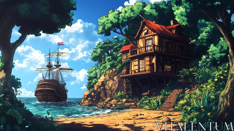 Coastal Treehouse with Docked Pirate Ship Cove Scene