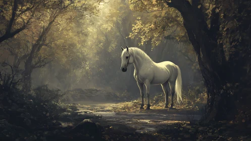 Gentle white horse pauses in a soft, golden forest glow