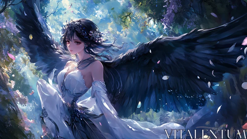 Winged female figure in white garment within forest light.