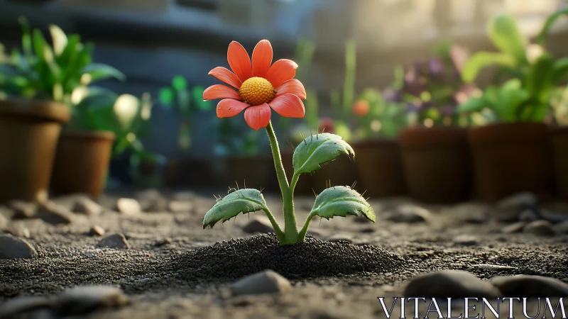 Single orange flower in soil within shallow garden scene.