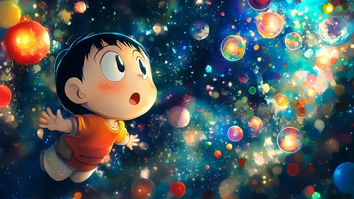 Child explorer drifting through chromatic cosmic bubble field.