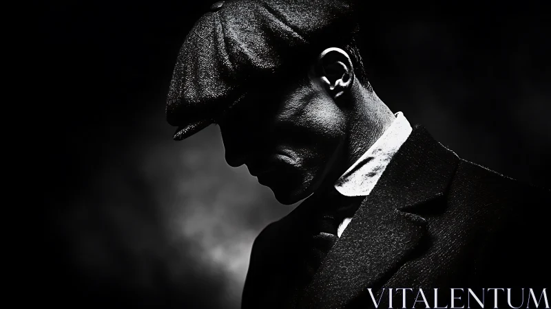 Smoke-drenched silhouette of a man in flat cap and shadows.