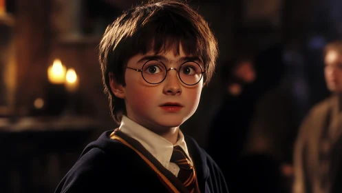 Young boy with round glasses in dim interior setting.