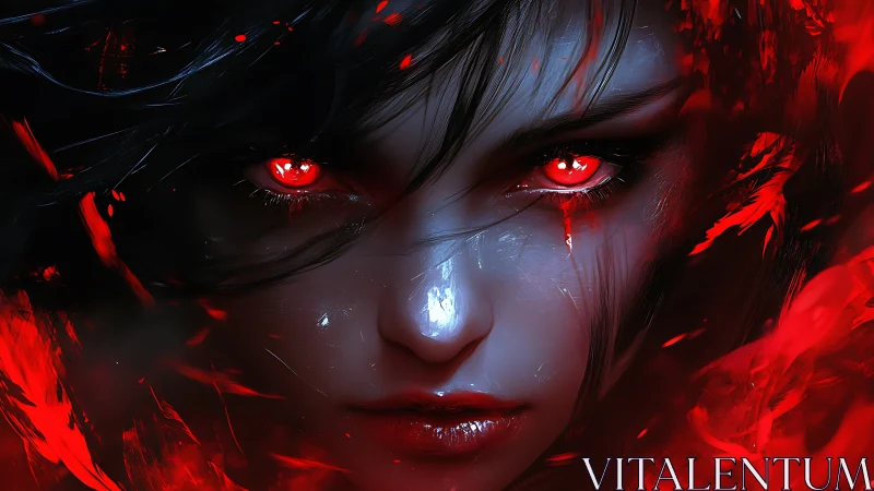 Fierce red‑eyed heroine framed in swirling crimson light.