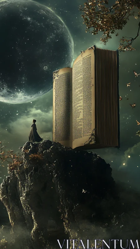 Cloaked figure faces giant floating book beneath looming moon