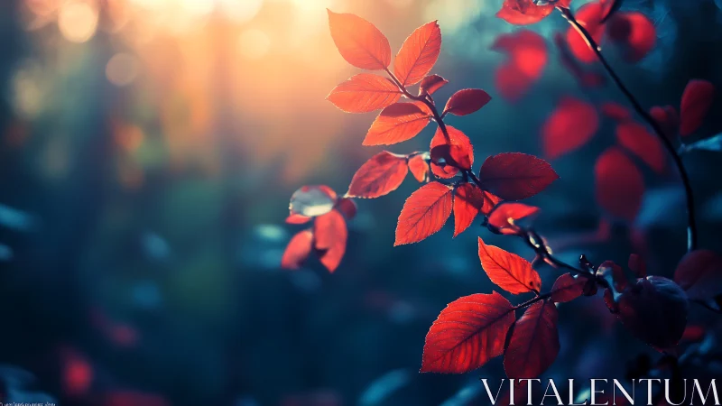 Crimson leaves drifting through soft blue evening light.