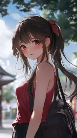 Sunlit summer stroll with a shy red ribbon girl.