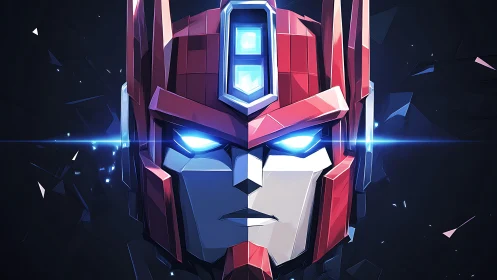 Symmetrical mech warrior face glows with blue energy