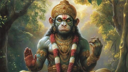 Divine simian deity radiates calm power in sunlit forest