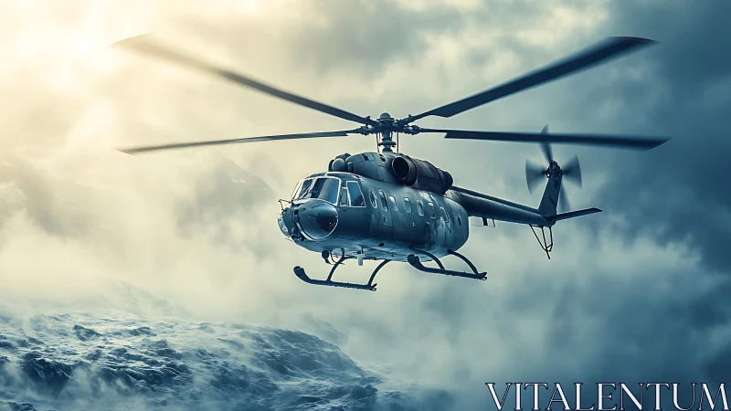 Military helicopter cuts through stormy alpine cloud deck