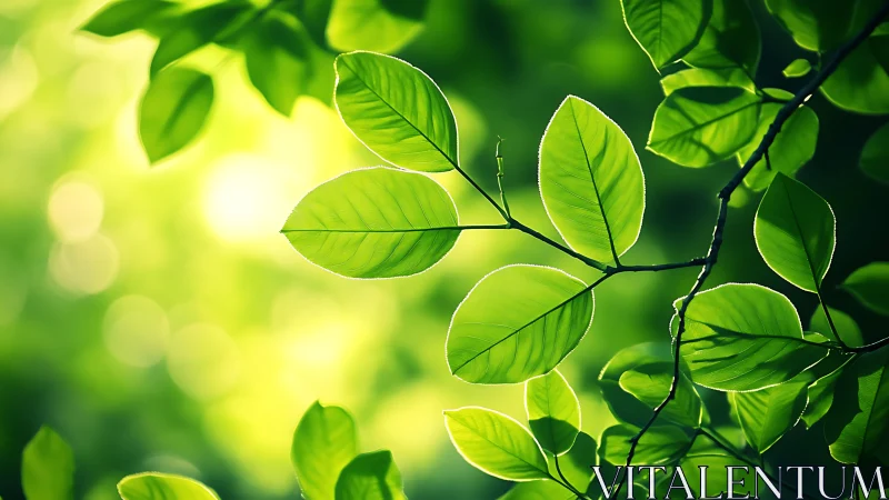 Sunlit green leaves glow against softly blurred forest bokeh