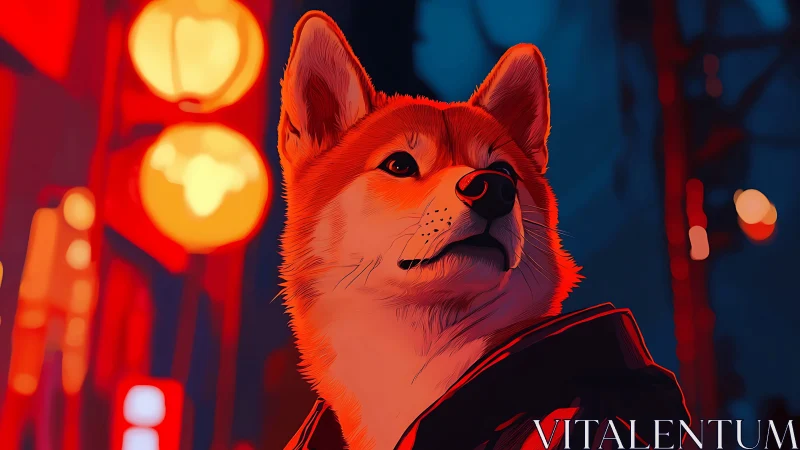 Confident shiba dog explores neon city lights at night