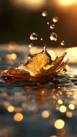 Golden leaf splash captured in warm sunset water ripples.
