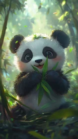 Juvenile panda portrait in lush bamboo forest backlighting