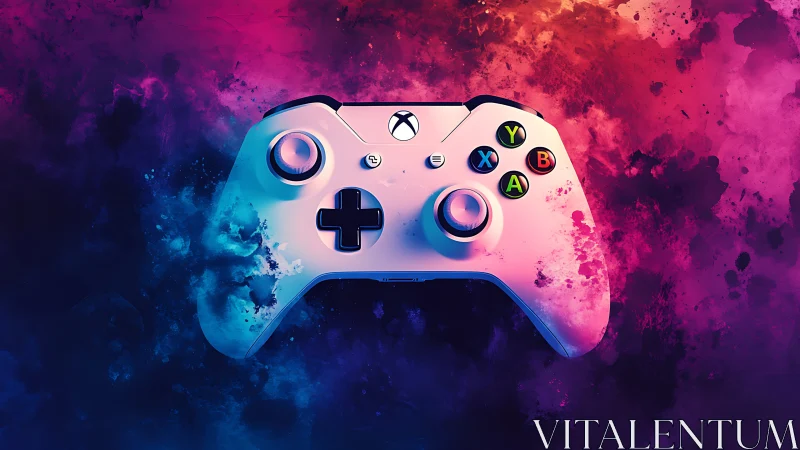 Colorful gaming controller glowing in a vivid cosmic cloud.