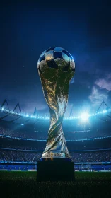 Glowing soccer trophy rises under bright stadium lights.