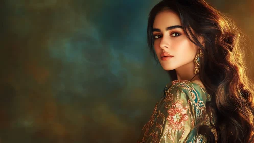 Elegant woman in embroidered attire with classic portrait lighting.