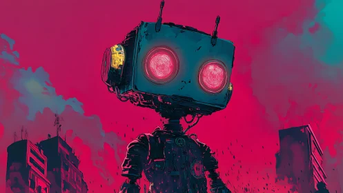 Neon-lit box-headed robot dominates dystopian urban skyline