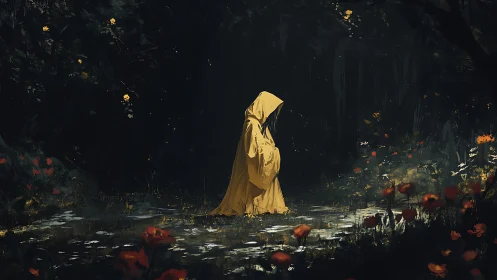 Cloaked wanderer in yellow quietly parts the twilight marsh