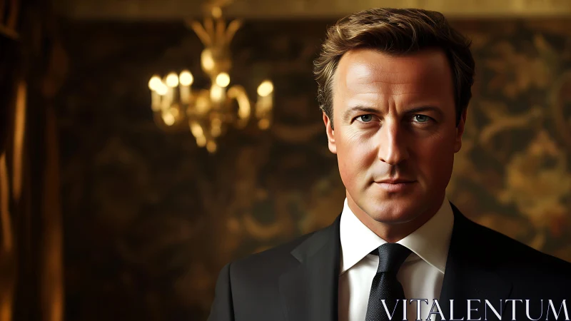 Serious businessman in suit before chandelier backdrop.