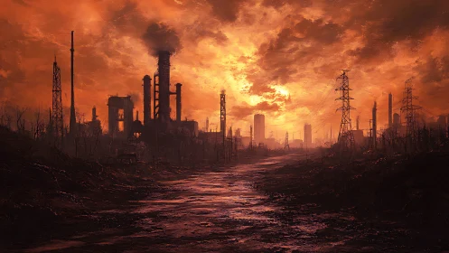 Post-apocalyptic industrial wasteland under burning sky.