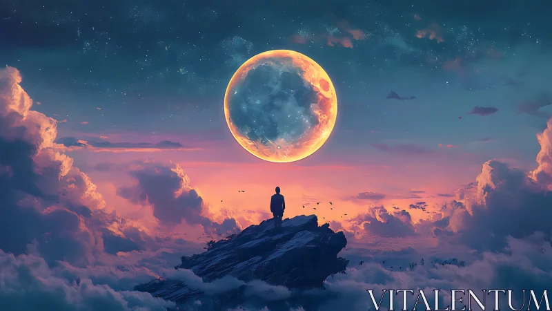Solitary figure studies luminous moon above pastel clouds.