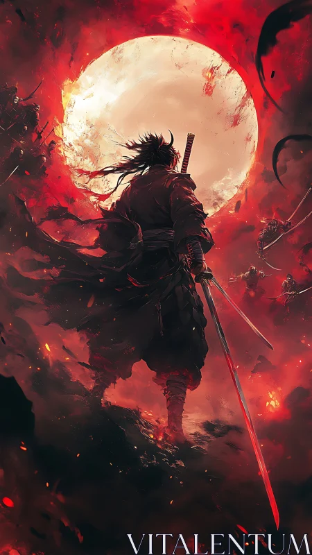 Lone samurai warrior under blood red moon in battle storm.