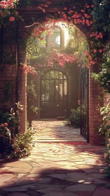 Sunlit stone courtyard corridor framed by flowering vine arches