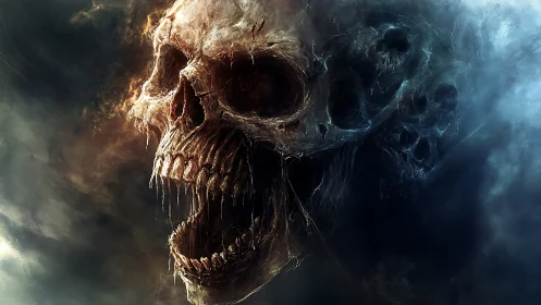 Decayed skull form emerging within dark atmospheric mist.