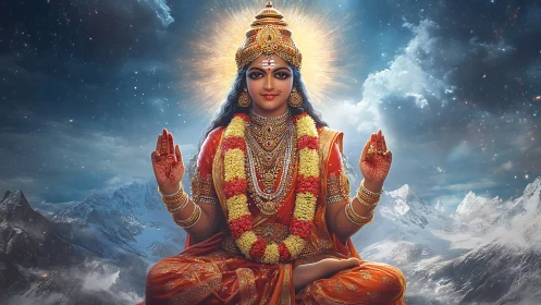 Serene mountain goddess radiating warmth in glowing orange robes.