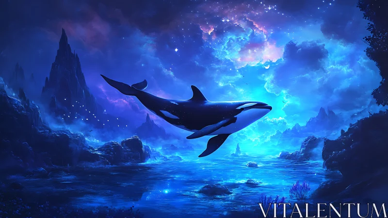 Orca swims through luminous blue fantasy seascape sky