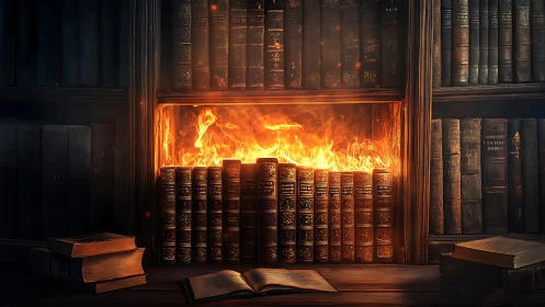 Blazing Knowledge: Burning Books in Fireplace Library.