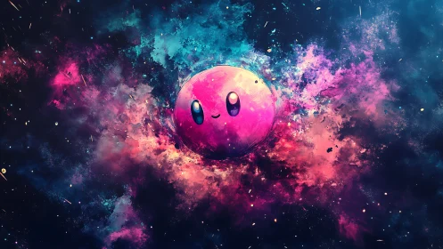Spherical pink character rendered in luminous nebula cloud field