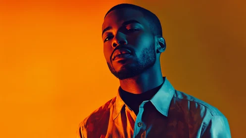 Dual-tone studio portrait in cyan-orange cross lighting setup